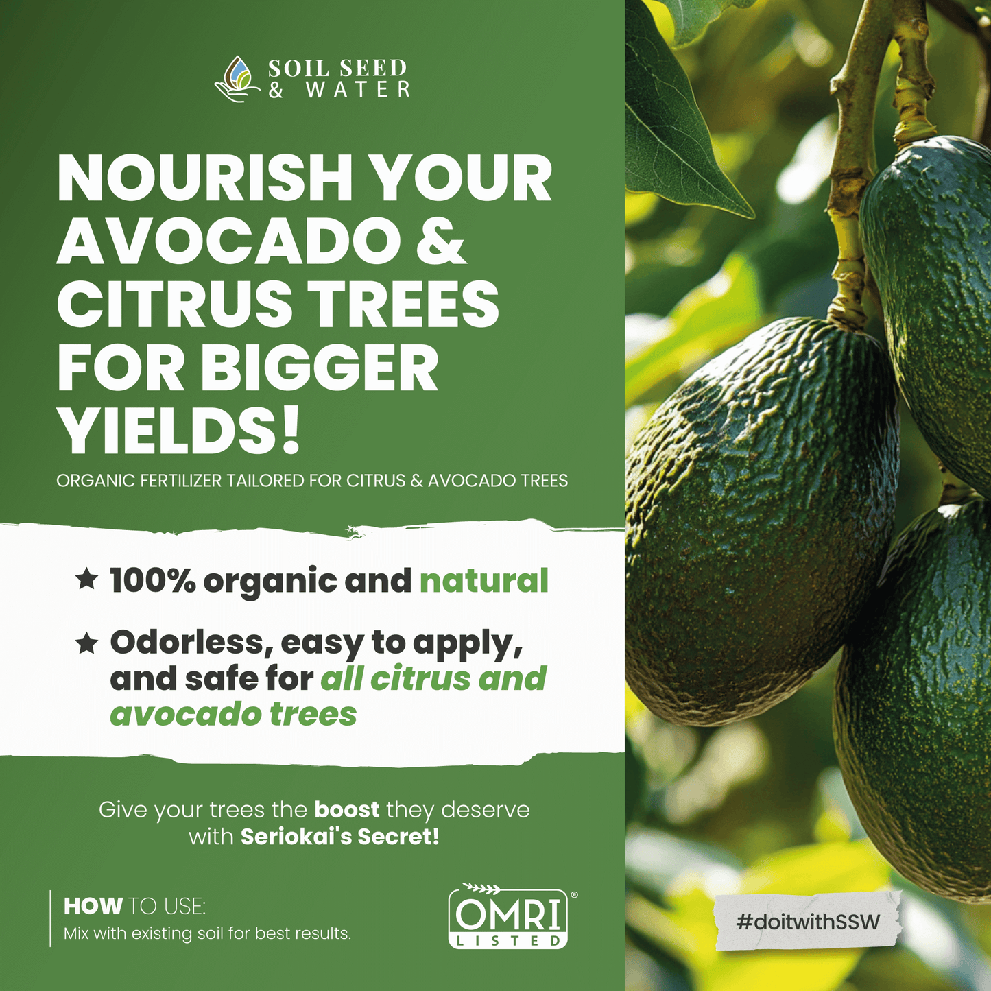 Fertilizante orgánico concentrado para mejorar el suelo de árboles de aguacate y cítricos Secret Blend de Seriokai