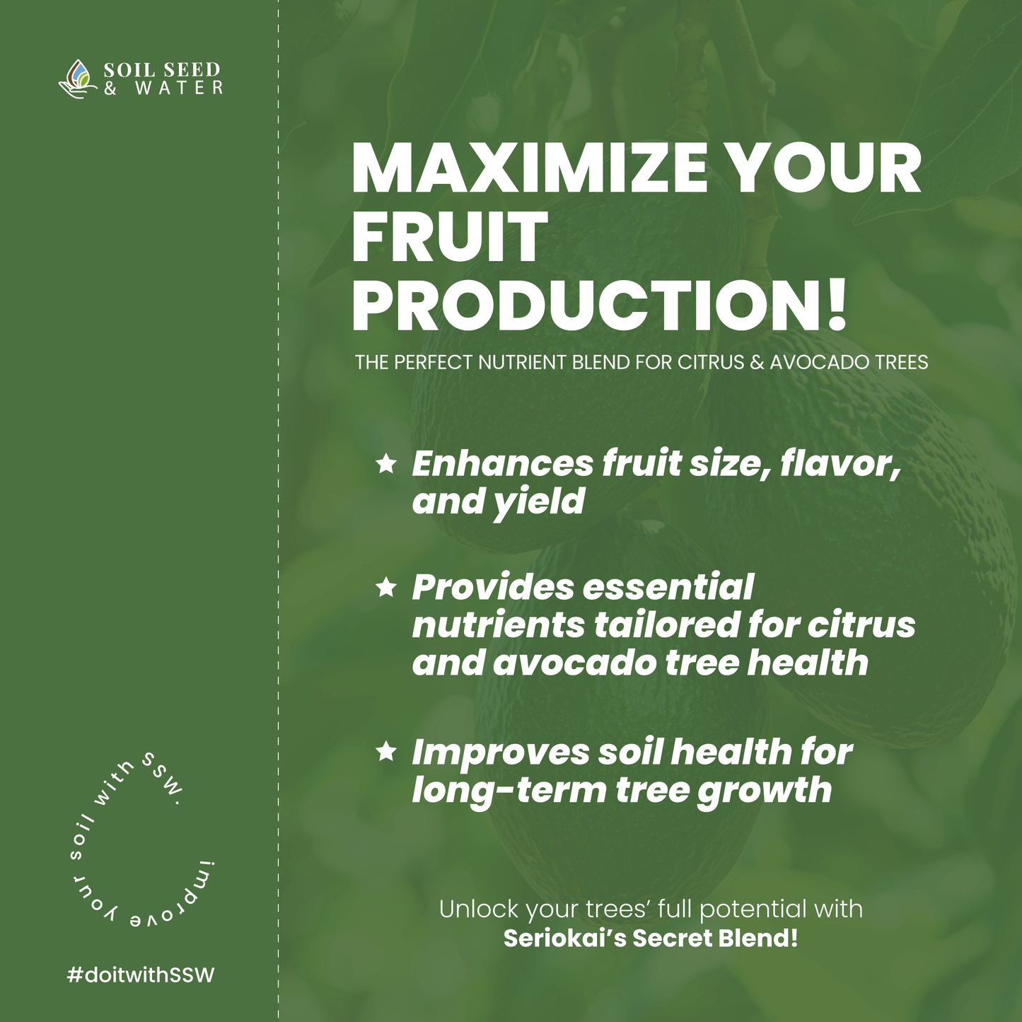 Fertilizante orgánico concentrado para mejorar el suelo de árboles de aguacate y cítricos Secret Blend de Seriokai