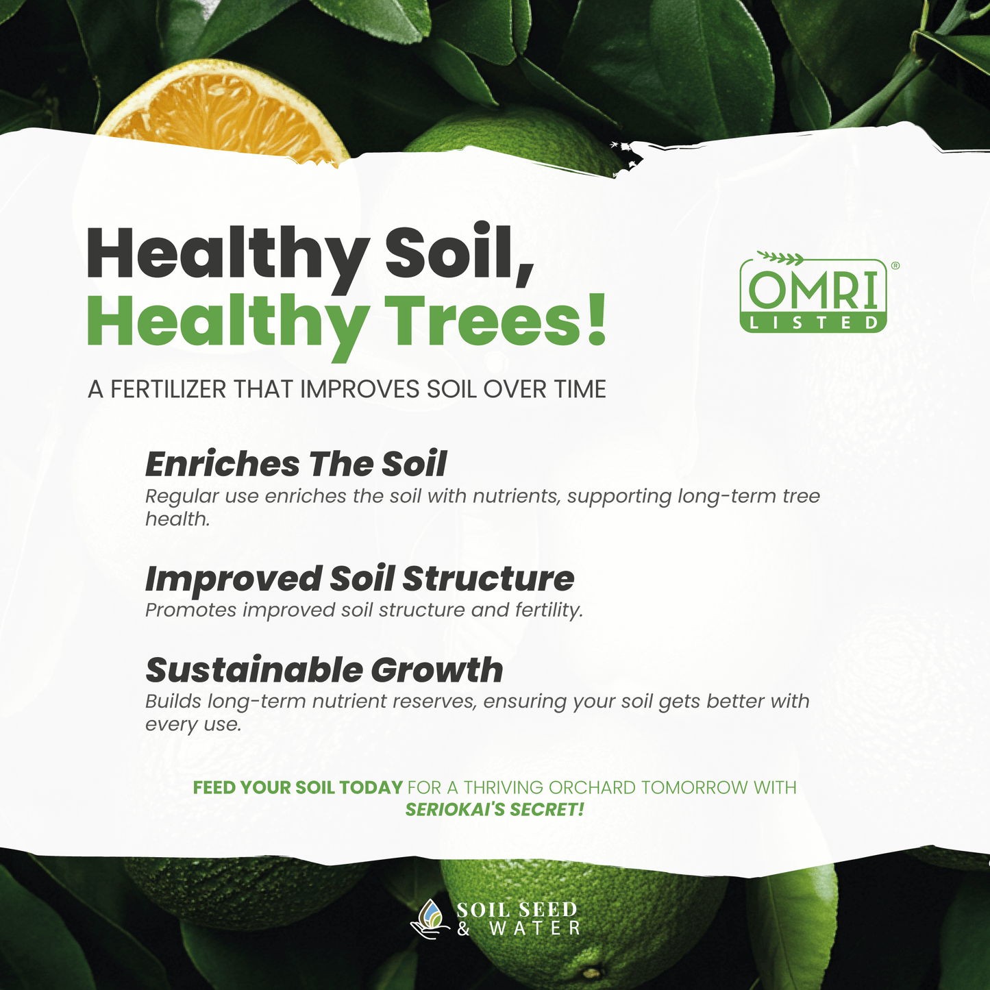 Fertilizante orgánico concentrado para mejorar el suelo de árboles de aguacate y cítricos Secret Blend de Seriokai